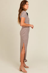 Mocha Striped Collared Side Slit Maxi Dress