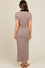 Mocha Striped Collared Side Slit Maternity Maxi Dress