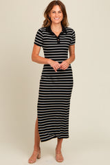 Black Striped Collared Side Slit Maternity Maxi Dress