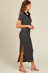 Black Striped Collared Side Slit Maxi Dress