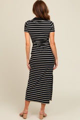 Black Striped Collared Side Slit Maxi Dress