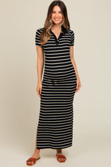 Black Striped Collared Side Slit Maternity Maxi Dress