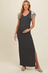 Black Ivory Striped Maternity Maxi Dress with Scoop Neck