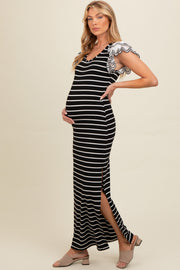 Black Ivory Striped Maternity Maxi Dress with Scoop Neck