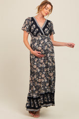 Black Floral Border Printed Woven Short Sleeve V-Neck Maternity Maxi Dress