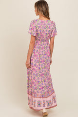 Pink Floral Border Printed Woven Short Sleeve V-Neck Maxi Dress