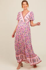 Pink Floral Border Printed Woven Short Sleeve V-Neck Maternity Maxi Dress