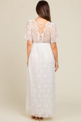 White Lace Sheer Lace Back Maternity Maxi Dress