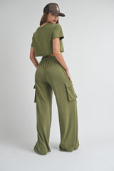 Olive Crop Top Cargo Pant Set