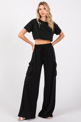 Black Crop Top Cargo Pant Set