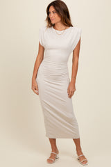 Ivory Padded Shoulder Fitted Midi Dress