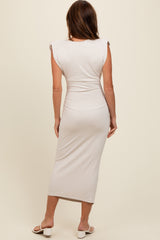 Ivory Padded Shoulder Fitted Midi Dress