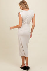 Ivory Padded Shoulder Fitted Maternity Midi Dress