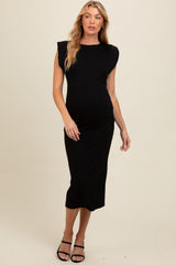 Black Padded Shoulder Fitted Maternity Midi Dress