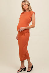 Rust Padded Shoulder Fitted Maternity Midi Dress