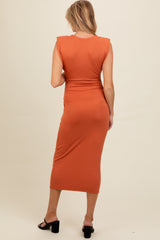 Rust Padded Shoulder Fitted Maternity Midi Dress