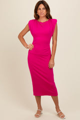 Fuchsia Padded Shoulder Fitted Maternity Midi Dress