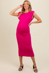 Fuchsia Padded Shoulder Fitted Maternity Midi Dress