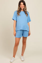 Blue Ribbed Maternity Shorts Set