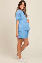 Blue Ribbed Maternity Shorts Set