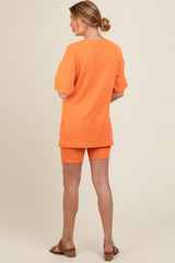 Orange Ribbed Maternity Biker Shorts Set