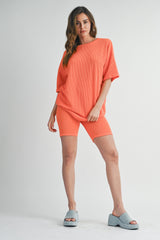 Orange Ribbed Maternity Biker Shorts Set