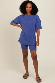 Royal Blue Ribbed Biker Shorts Set