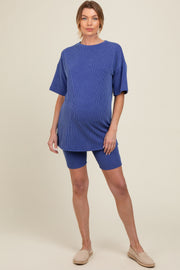 Royal Blue Ribbed Maternity Biker Shorts Set