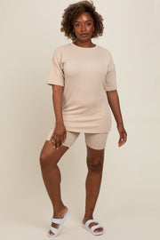 Beige Ribbed Biker Shorts Set