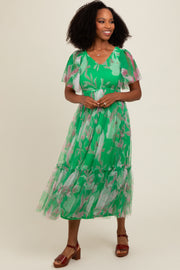 Green Leaf Print Mesh Smocked Midi Dress