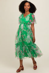 Green Leaf Print Mesh Smocked Midi Dress