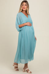 Blue Pleated V Neck Maternity Maxi Dress