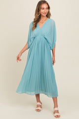 Blue Pleated V Neck Maxi Dress