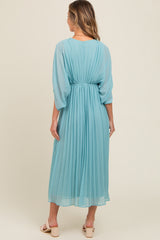 Blue Pleated V Neck Maxi Dress