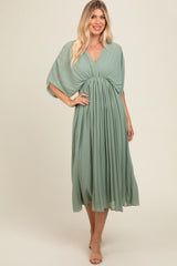 Light Olive Pleated V Neck Maxi Dress