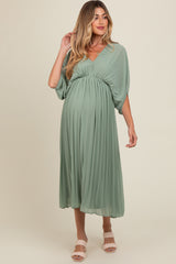 Light Olive Pleated V Neck Maternity Maxi Dress