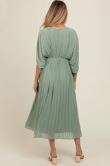 Light Olive Pleated V Neck Maternity Maxi Dress