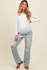 Light Blue Open Knee Relaxed Straight Leg Maternity Jeans