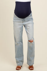 Light Blue Open Knee Relaxed Straight Leg Maternity Jeans