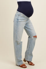 Light Blue Open Knee Relaxed Straight Leg Maternity Jeans