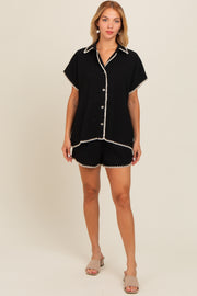 Black Contrast Stitch Button Down Shorts Set