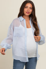 Light Blue Sheer Striped Maternity Button Down Blouse