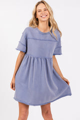 Blue Raw Hem Short Sleeve Dress