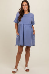 Blue Raw Hem Maternity Short Sleeve Dress