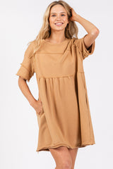 Camel Raw Hem Maternity Short Sleeve Dress