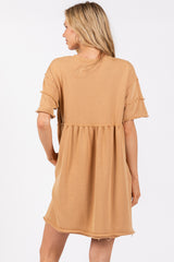 Camel Raw Hem Short Sleeve Dress