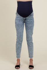 Blue Skinny Fringe Hem Maternity Jeans