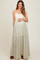 Green Floral Lace Contrast Maternity Maxi Dress