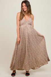 Mocha Floral Pleated Back Cutout Maternity Maxi Dress