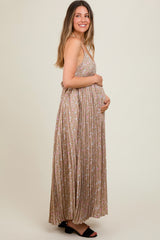 Mocha Floral Pleated Back Cutout Maternity Maxi Dress